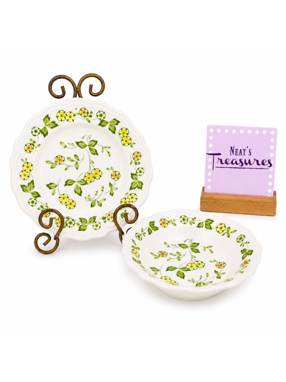 70's Sears PETITE FLORAL 4009 Yellow Orange Flower Ironstone Salad Plate & Bowl